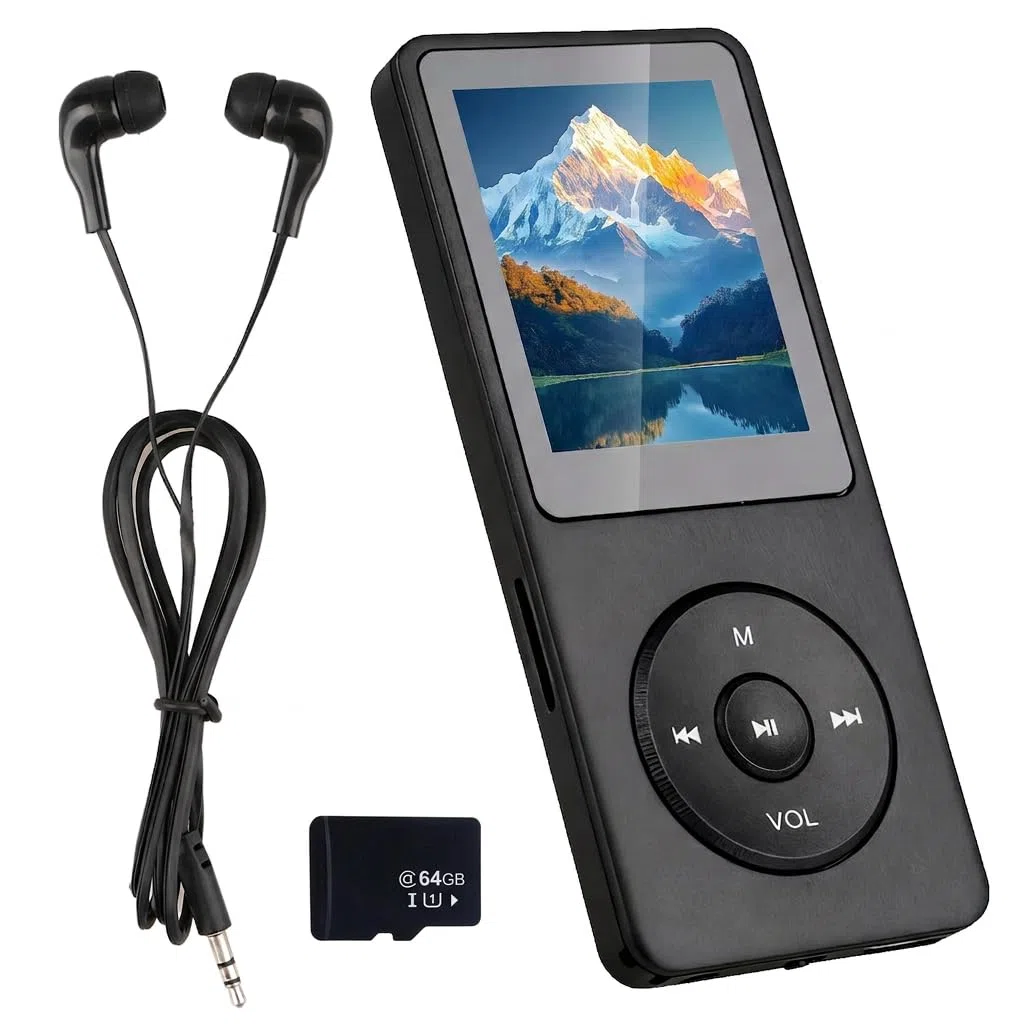Reproductor MP3 Bluetooth 5.3 de 64 GB con Pantalla TFT 1,8", Auriculares Incluidos, Altavoz Integrado, Sonido HiFi sin Pérdidas, Grabadora, e-Book, Despertador, Soporte hasta 128 GB