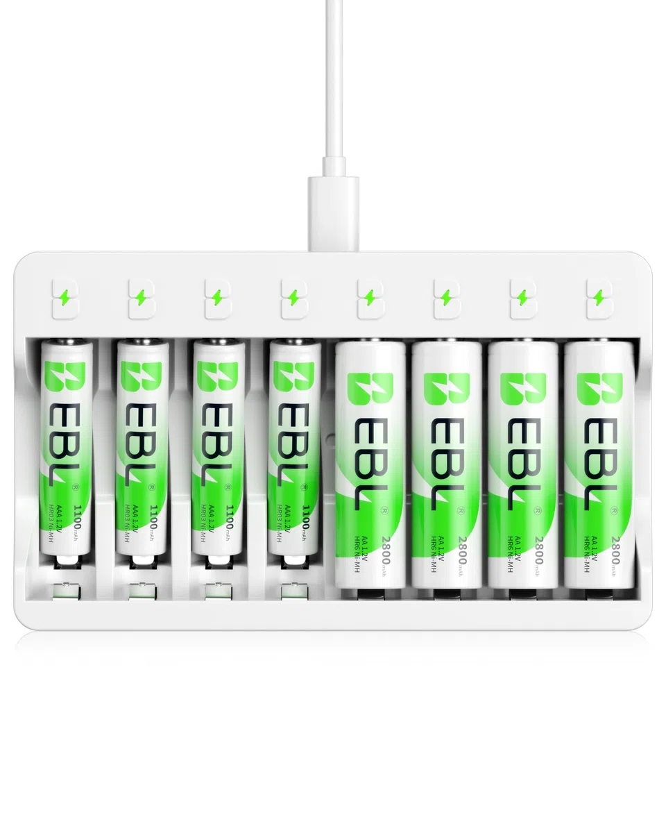 EBL Cargador Rápido de Pilas con 4 x AA 2800mAh y 4 x AAA 1100mAh, Cargador Inteligente LED Ni-MH USB 5V 2A & Protección Múltiple